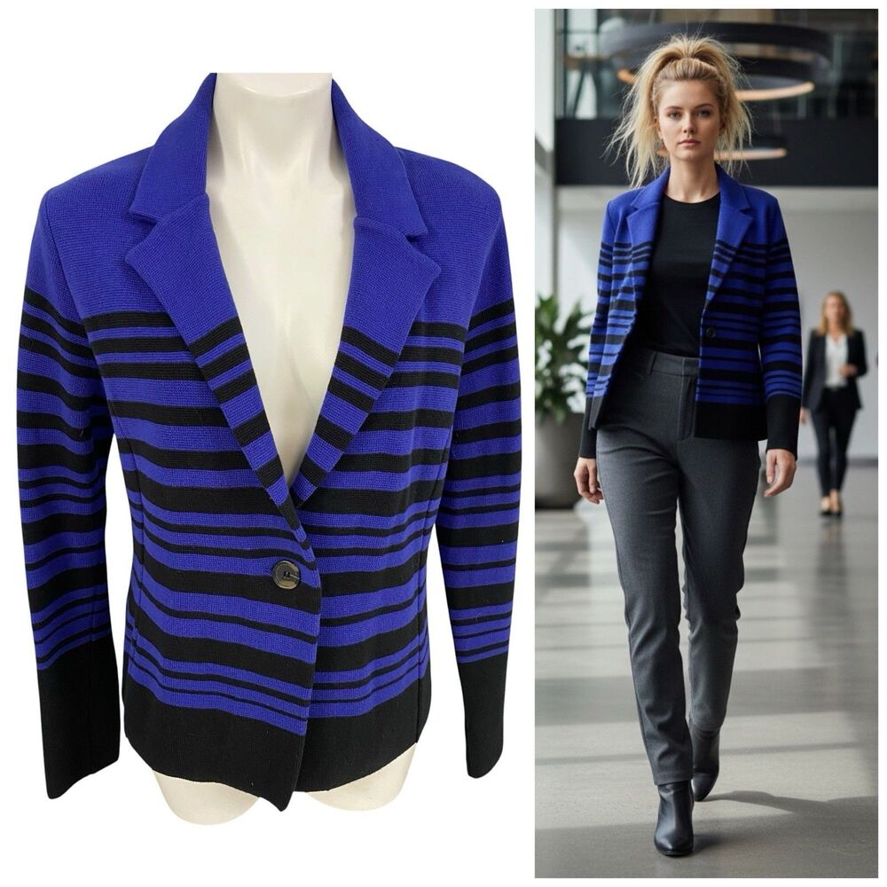 Audrey & Grace Striped Knit Blazer Womens Large Blue Black Cardigan Jacket